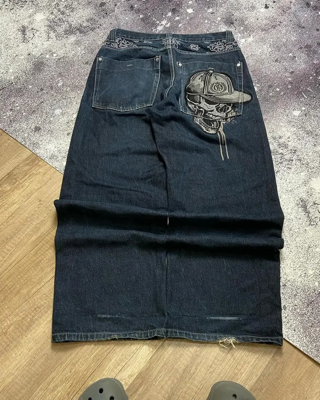 American high street skull straight jeans retro y2k washed personality pocket versatile wide leg casual denim trousers 240806