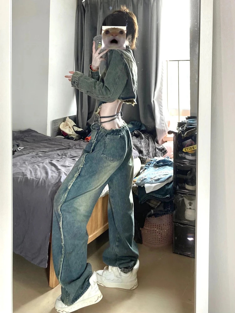 Woman Loose Jeans Casual Denim Low Waist Pants Solid Color Pockets Patchwork Casual Classical Streetwear Romantic All-match 240807