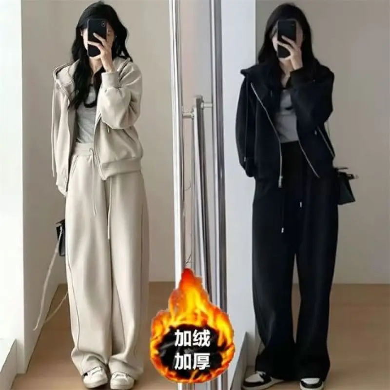 Velvet and Thickened Sports Suit For Womens Autumn Winter Korean Edition Loose Slim Fashion Sweater Casual Pants Two Piece Set 240807