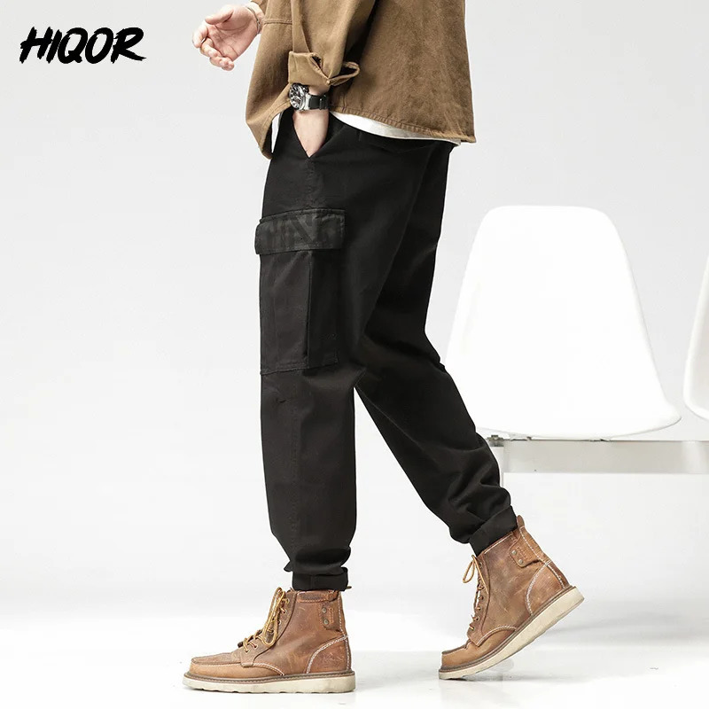 HIQOR Mens Elastic Waist Clothing Japan Style Casual Cargo Harajuku Dress Up Pants Man Washed Vintage Chinos Trousers 240806