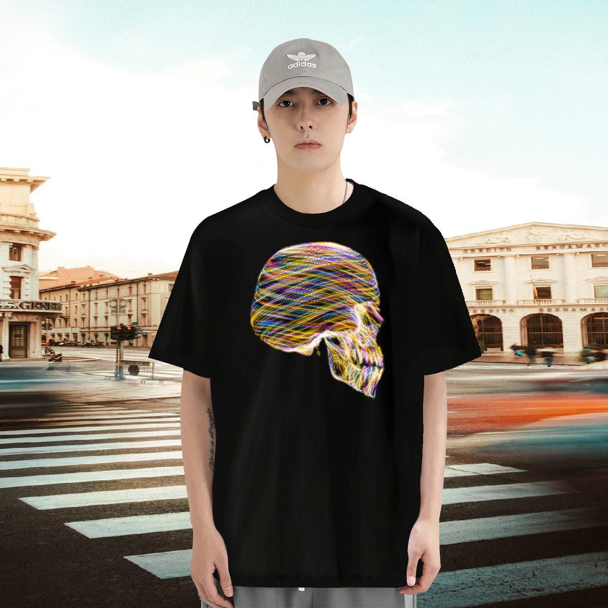 2024 DIY T Shirts Men skull Tops Tees 230g 100% Cotton Beach Loose Anime Print Breathable Short Sleeve Tshirts