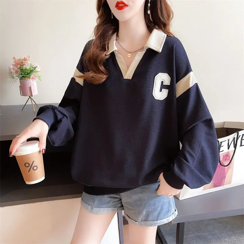 Autumn and Winter Wons Pullover Turn Down Collar Patchwork Embroidery Fashion Casual Elegant Long Sleeve Hoodies 240806