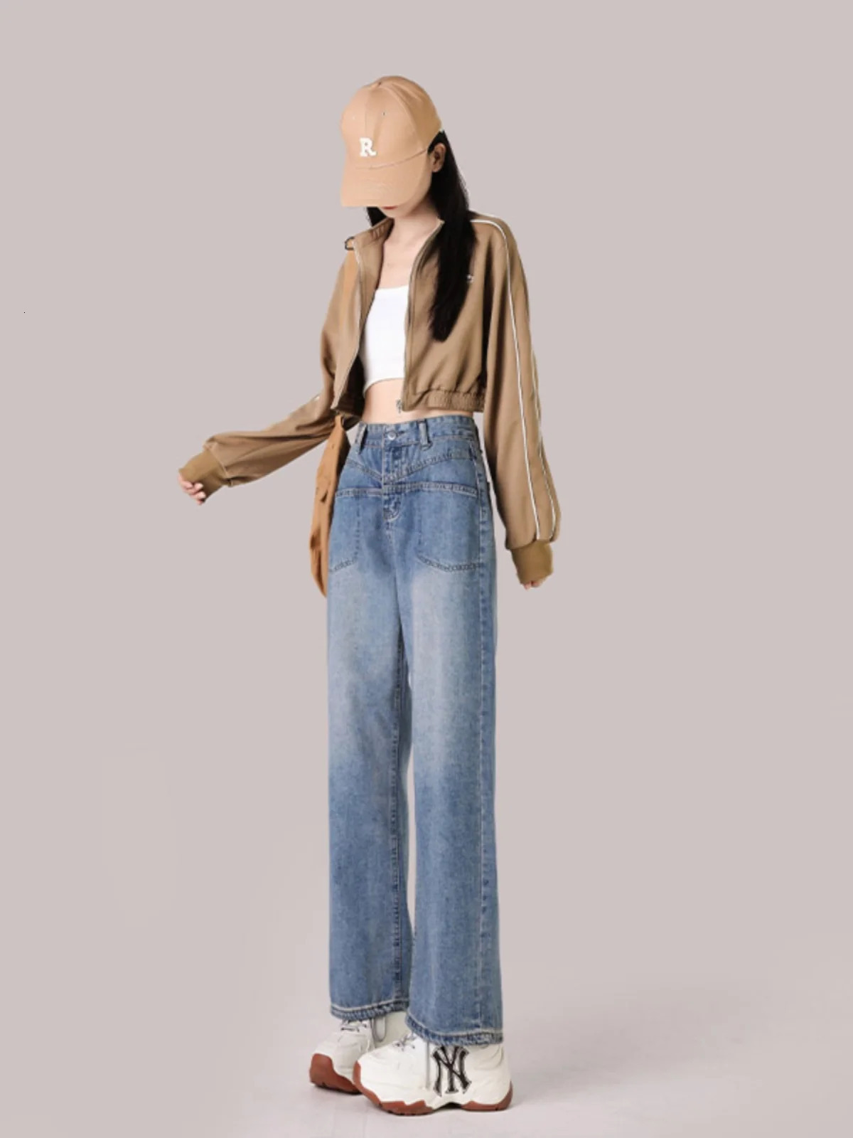 150CM Petite girls vintage blue Wide Leg pants comfortable Y2K Skinny Ankle length straight jeans 240807