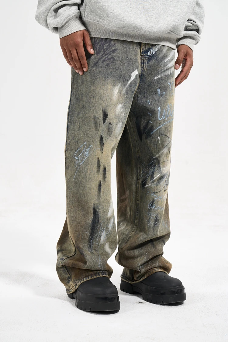 High Street hiphop Style Graffiti handpainted splashink Rags Dirty Wash wideleg Jeans Man 240806