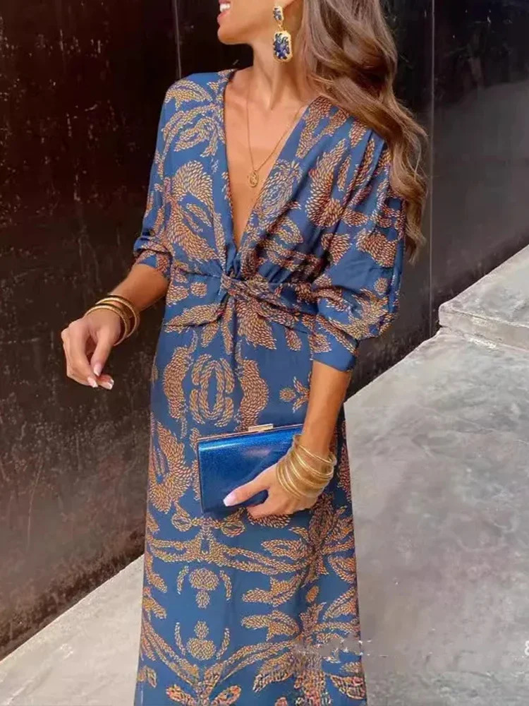 Spring Summer Fashion Printed Streetwear Dress Women Elegant Slim V Neck Midi Retro Printed Long Sleeved Slim Dress Women 240805