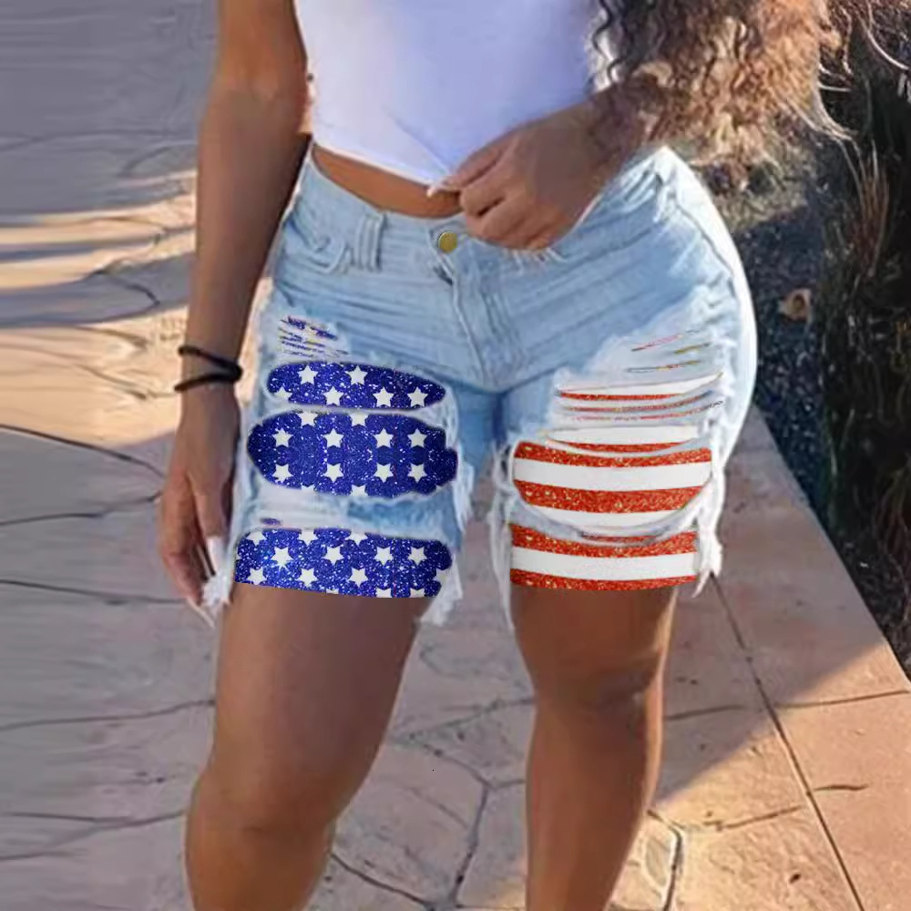 2024 spring/summer new denim with patch fabric, women's personality, street style, perforated straight leg shorts
