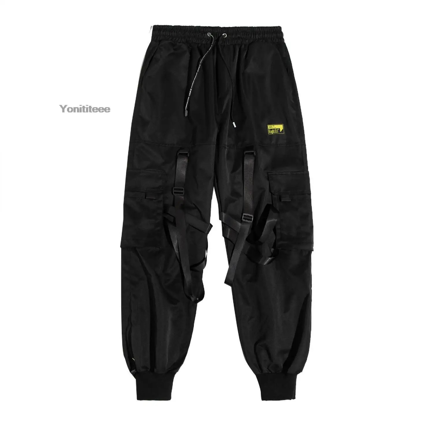 Mens Ribbon Straps Studded Techwear Jogger Punk Ankle Cargo Pants Black 240806