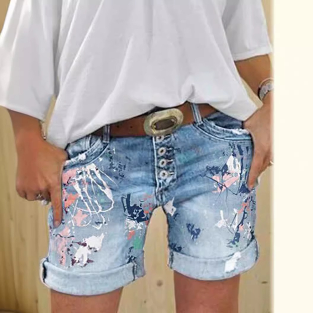 Summer new shorts, washed printed denim jeans, women's clothing