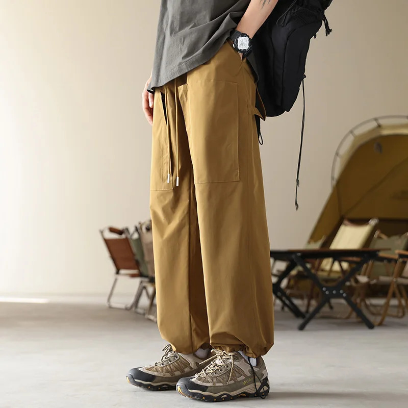 Boyfriend Cargo Bloomers Trousers Mens Clothing Casual Loose Solid Color Elastic High Waisted Pockets Spring Autumn Pants 240806