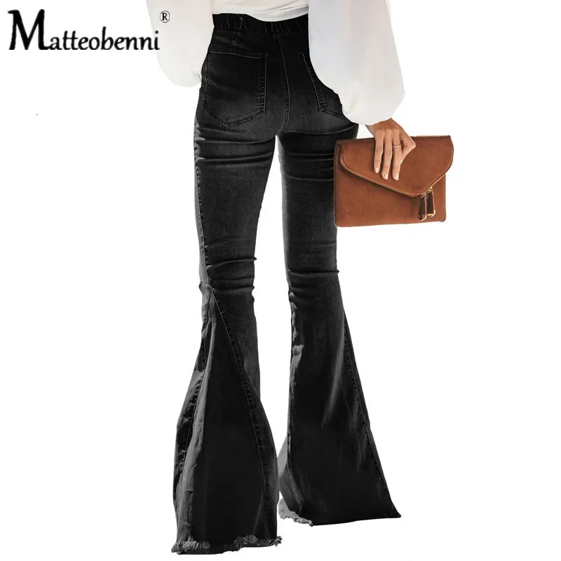 High Waisted Big Flare Jeans For Women Ripped Knee Hole Skinny Wide-Leg Denim Pants Female Casual Black Elastic Jean 240807