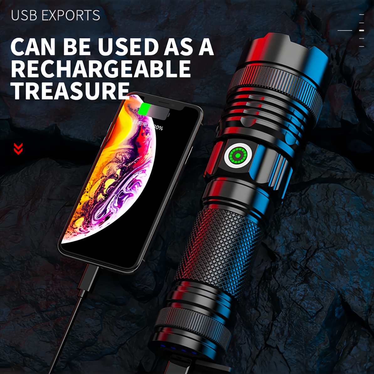 Ultra Bright White Beam LED Flashlight with Built-In Battery - Adjustable Focus for Tactical Use