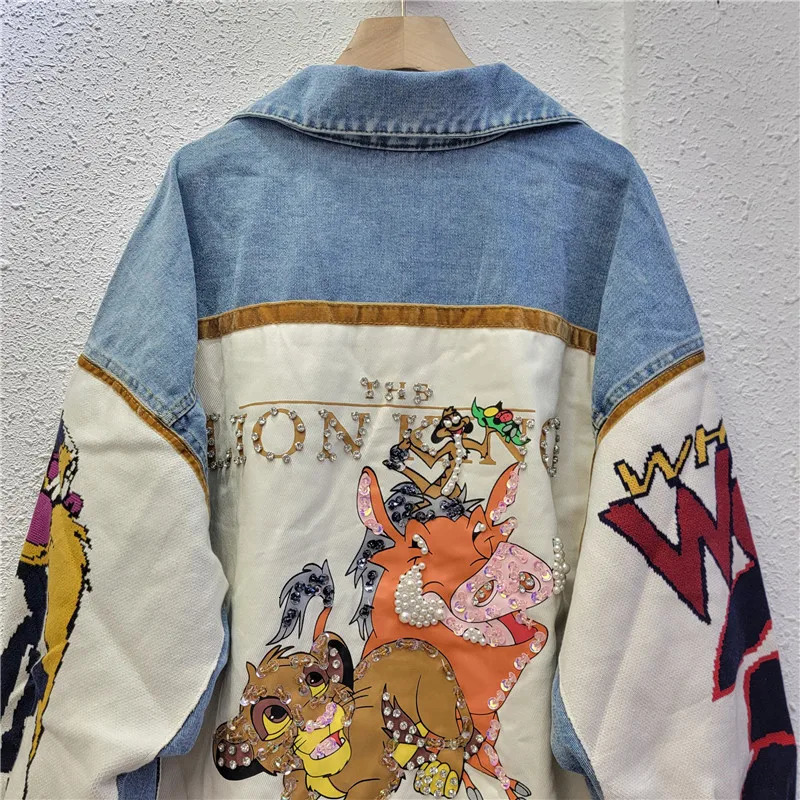 GetSpring Women Denim Jacket Autumn Printed Color Matching Denim Coat Fashion All Match Loose Casual Long Jean Tops 240806