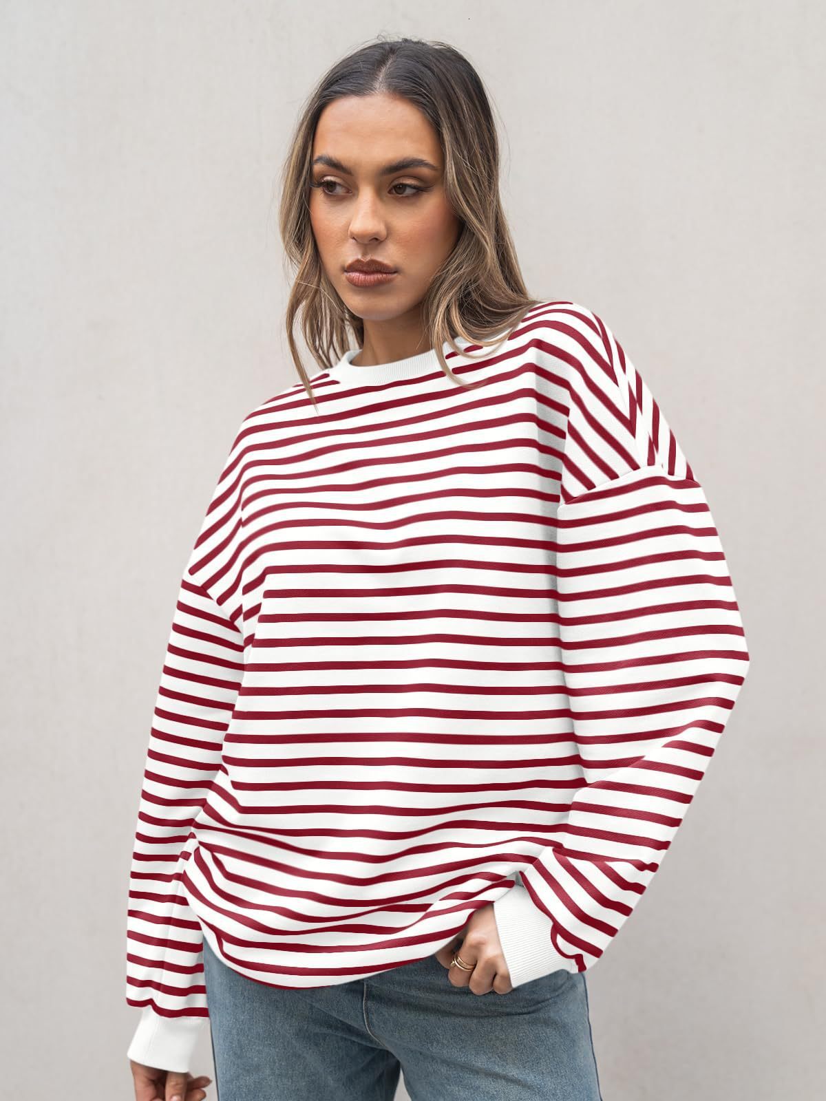 2024 women's autumn and winter new item striped long sleeved round neck oversized sportswear Y2K sweatshirt