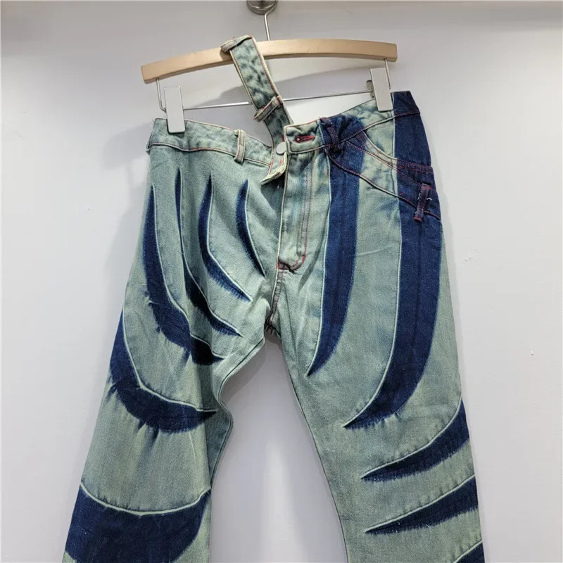 Women Pantalones Fall Waist Split Hollow Out Color Contrast Patchwork Jeans Street Girl Denim Bell-Bottom Pants Y2k 240807