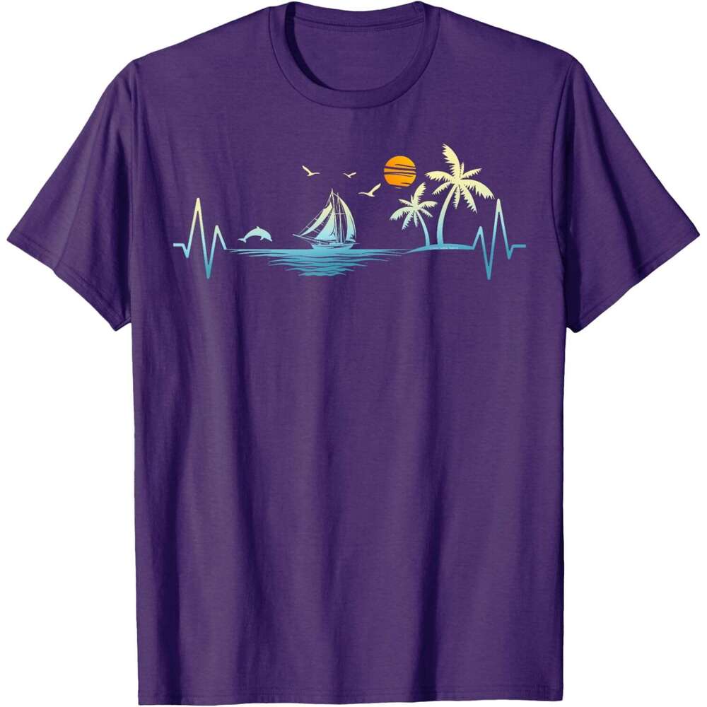 Mens T shirt Heartbeat with Sailboat Tropical Palm Trees Beach Island T-Shirt shirts tshirt graphic tee Casual tops summer clothes Short sleeve Free s