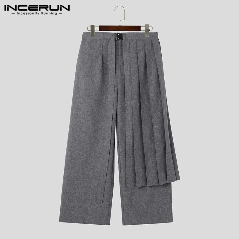 Men Irregular Pants Solid Color Joggers Streetwear Loose Pleated Male Straight Trousers Casual Long S5XL INCERUN 240806