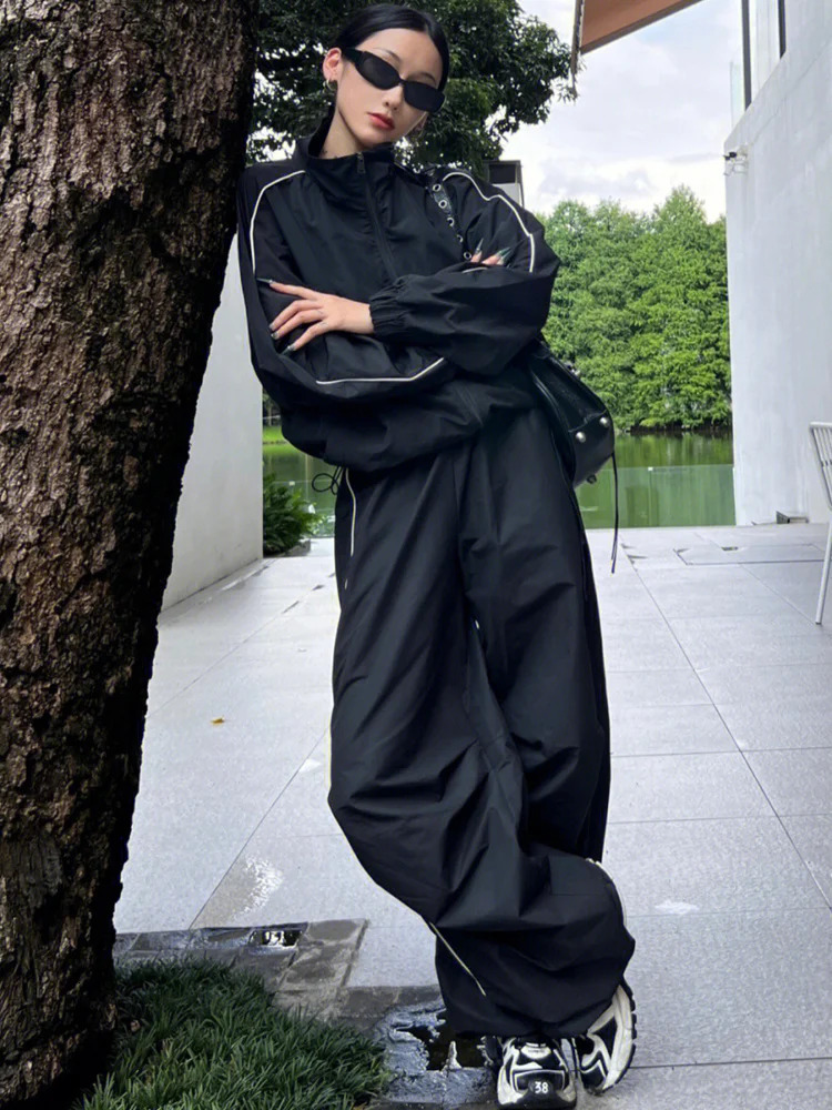 Vintage Black Pants Sets Women Y2K Streetwear Jacket Oversize Wide Leg Track Trousers Gorpcore Two Piece Set Tracksuit 240807