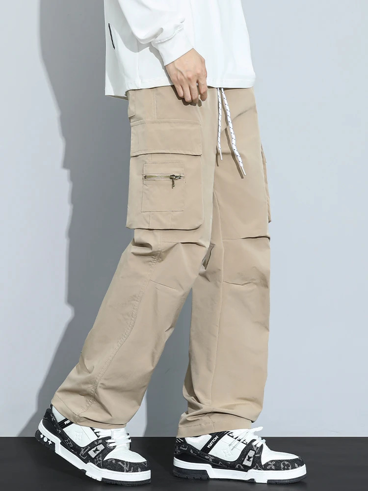 Spring Autumn Mens Cargo Pants String Banding Multi-Pockets Casual Baggy Pants Y2K Sweatpants High Street Straight Trousers 240807