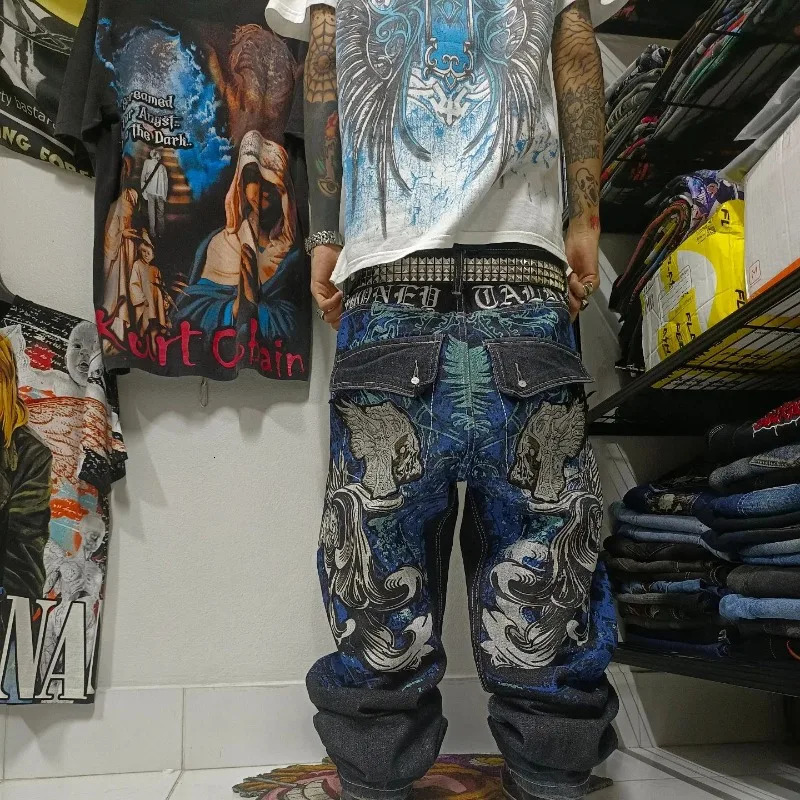 Streetwear Fashion Oversized Print Baggy Jeans Men Y2K Harajuku Vintage Pop Gothic High Waist Casual Wide Leg Pants Trousers 240806