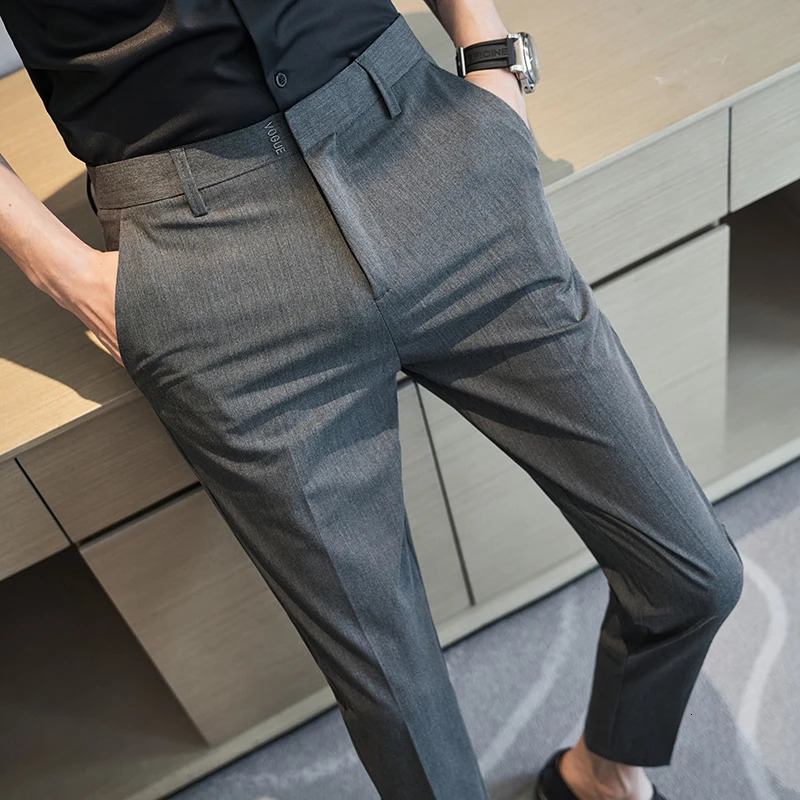 Mens English Style Solid Highwaisted Casual Slim Fit Pants Highquality Dress Business Leisure 36 240806