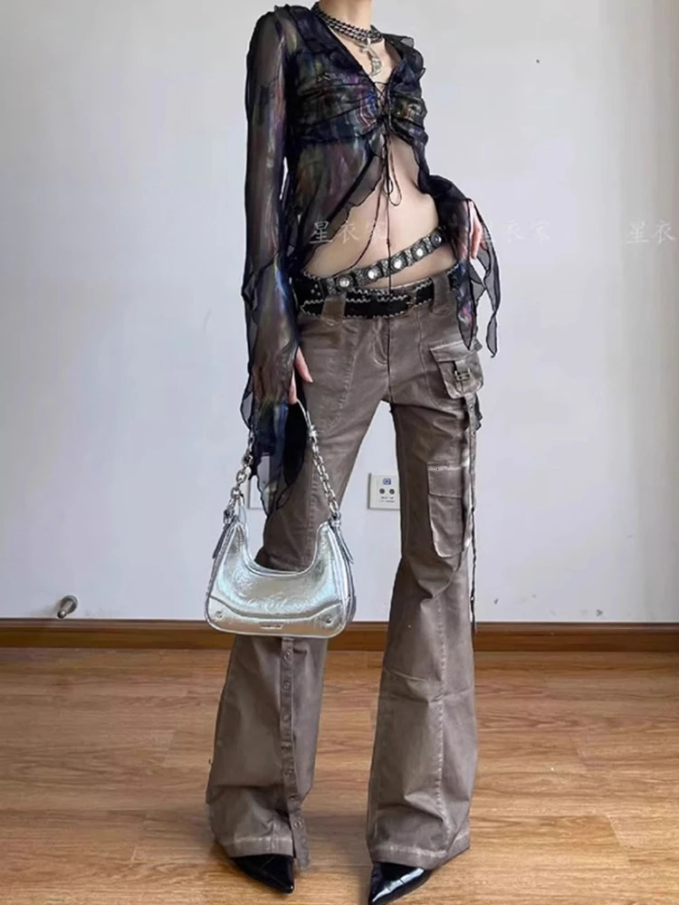 American Vintage Bell Bottom Jeans Women Y2k Grunge High Waist Flare Pants Spring Pocket Loose Wide Leg 240807