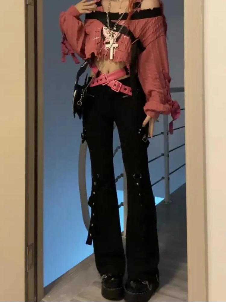 Woman Slim Trousers Stretch Jeans Denim Pants Low Waist Bell Bottoms Solid Color Low Waist Floor-Length Gyaru Bandage Y2k 240807