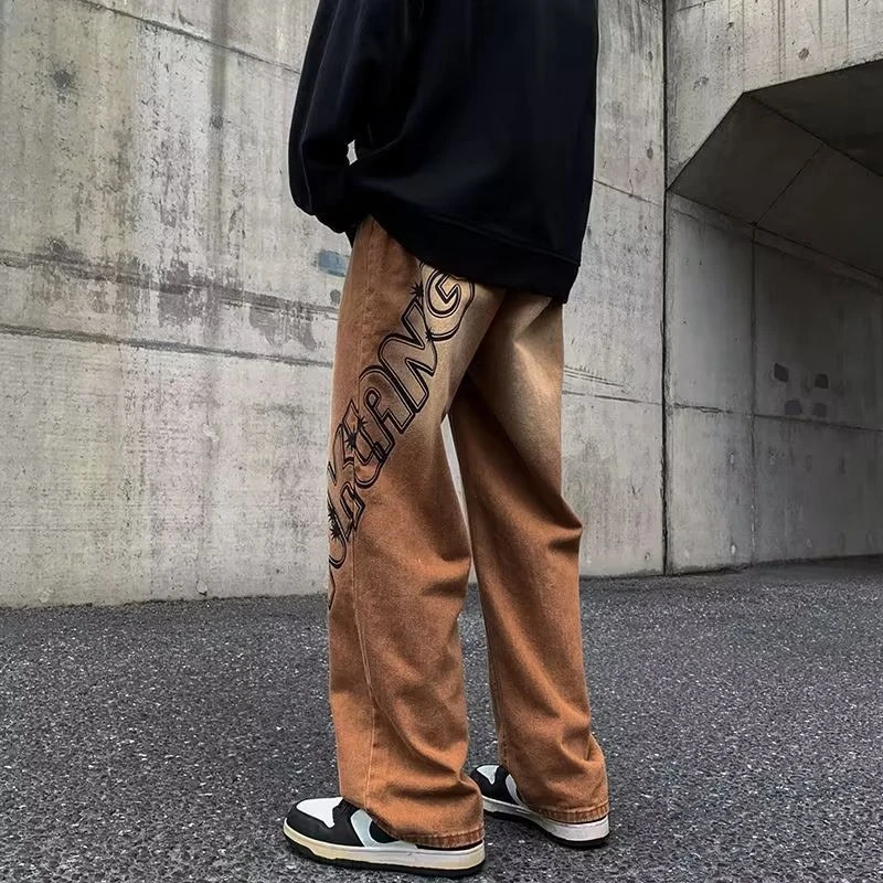 Fashion Letter Graffiti Brown Hip Hop Men Baggy Jeans Pants Y2K Clothes Straight Vintage Denim Trousers Pantalon Homme 240806
