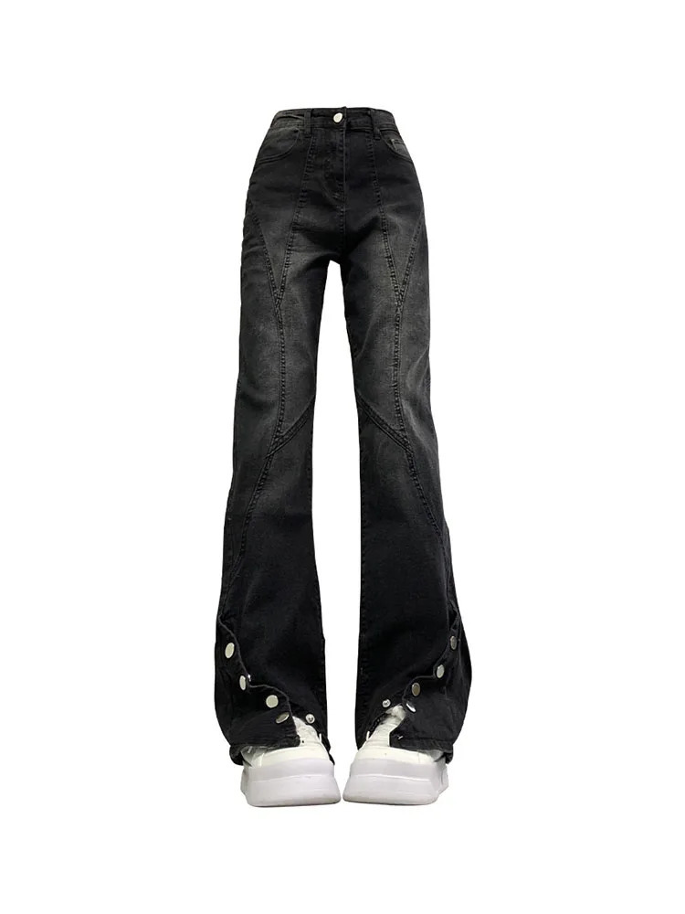 American Style High Street Denim Bell Bottoms Women High Waist Rivet Straight Pants Summer Fashion Jean Trousers Y2k Streetwear 240807