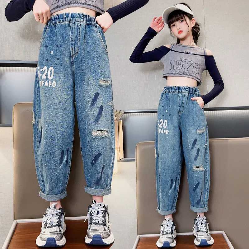 Jeans New Fashion Teen Girls Jeans For Spring Autumn Kids Printing Hole Elastic Waist Denim Harem Pants Child Casual Trousers 5-14Y