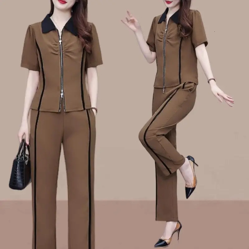 Fashion and Sports Womens Set Korean Edition Loose and Slimming Style Polo Neck Short Sleeve Two Piece Set 240807