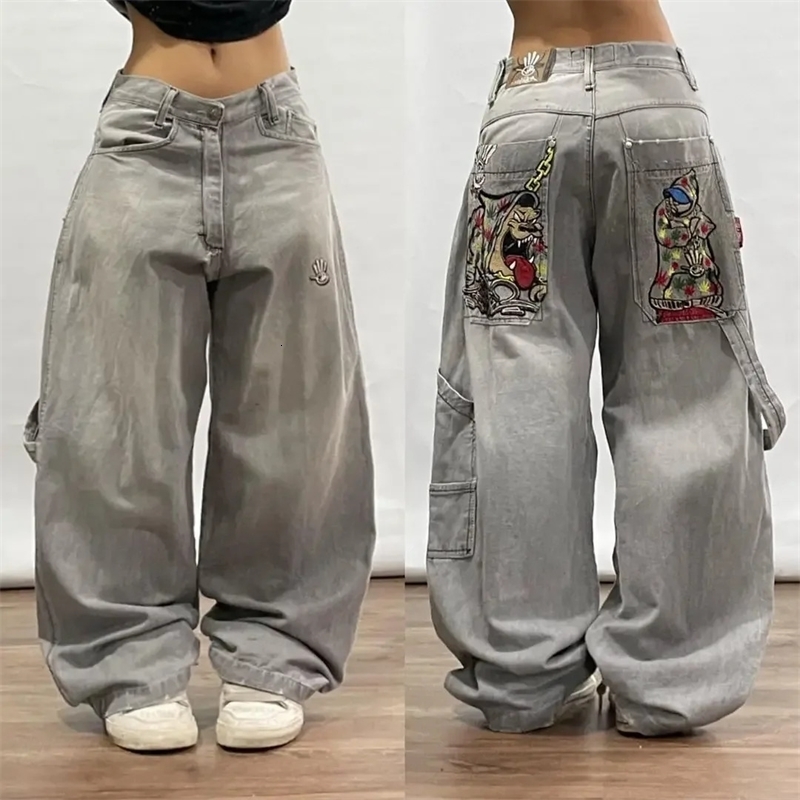 Y2k Fashion Loose Street Casual Jeans Womens Retro Pattern Embroidery High Waist Korean Gothic Denim Trousers Street Wear 240806