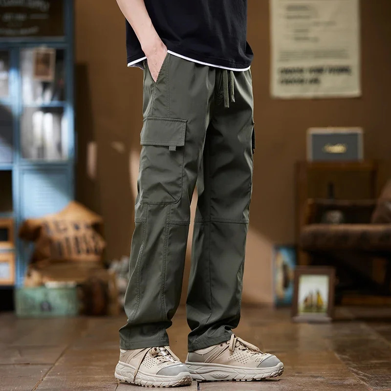 Summer Thin Mens Cargo Pants Baggy Straight Multipocket Design Drawstring Elastic Waist Outdoor Jogging Hiking Trousers Male 240806