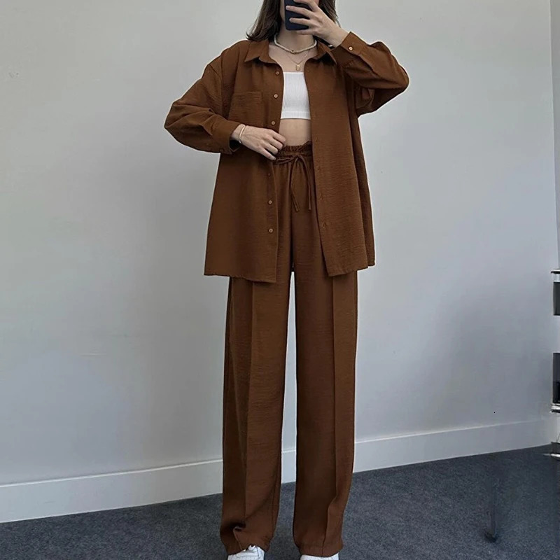 Fashion High Street Lace Up Outfits Spring Autumn Multi Color Women Two Piece Set Casual Collar Button Shirt Pants Sports Suit 240807