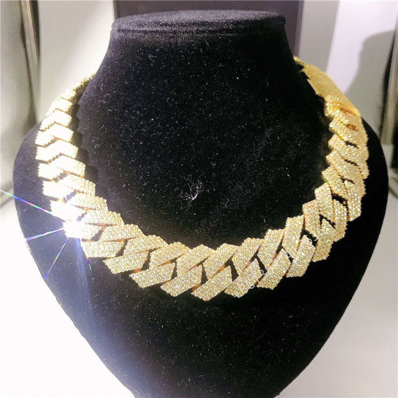 20Mm 4 Rows Hand Set Mens Necklace 10K Yellow Gold VVS Moissanite Diamond Cuban Link Chain
