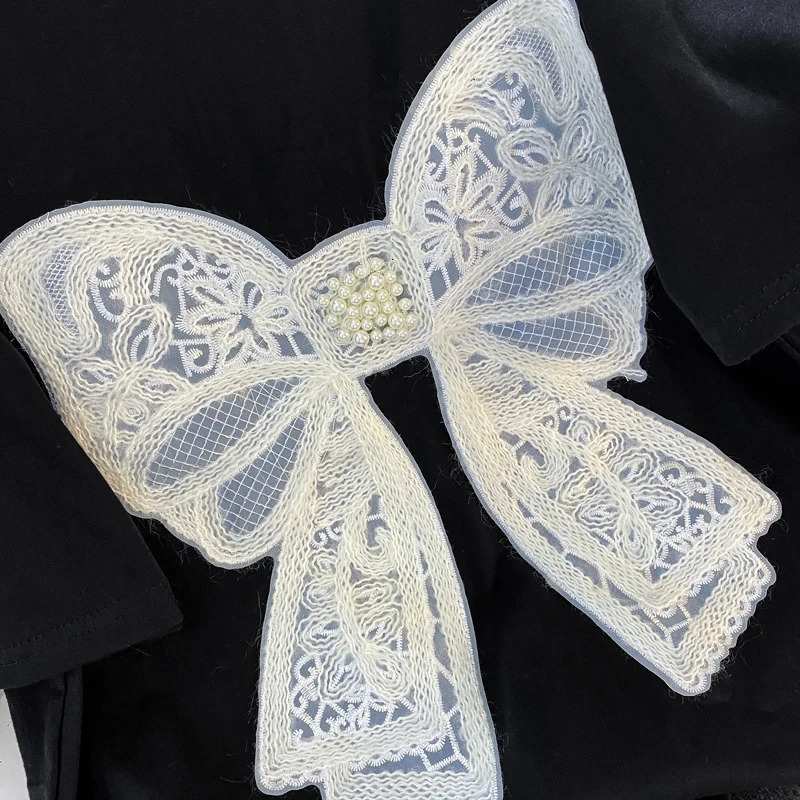 Bow Embroidery Beading Plus Size Cotton T-shirt Harajuku Aesthetic Arts Y2k Female Tops Summer Streetwear Lady Tees 240807