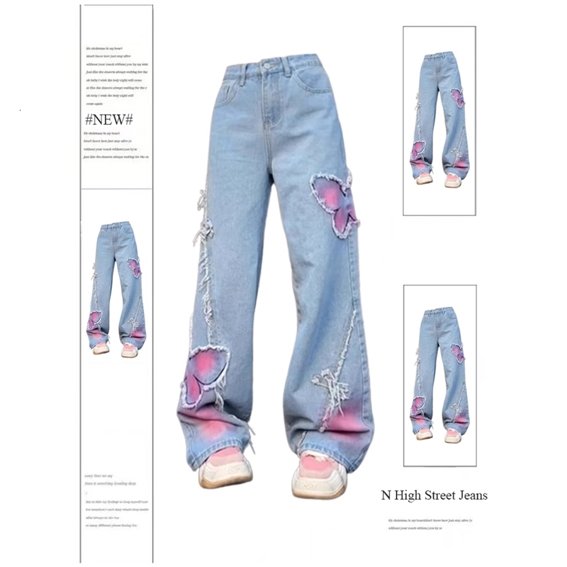 Womens Blue Butterfly Jeans Baggy Vintage Y2k Denim Trousers 2000s Harajuku Wide Leg Cowboy Pants Trashy 90s Aesthetic Clothes 240806