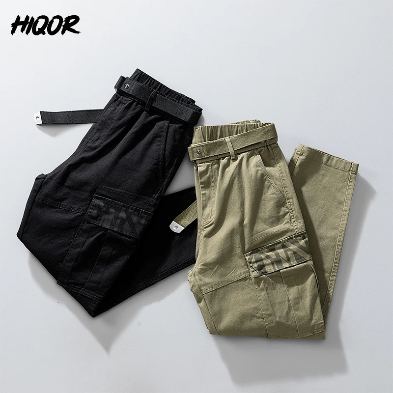 HIQOR Mens Elastic Waist Clothing Japan Style Casual Cargo Harajuku Dress Up Pants Man Washed Vintage Chinos Trousers 240806