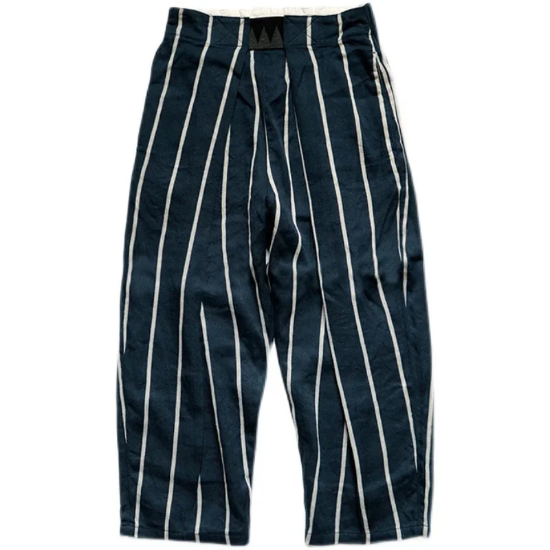 KAPITAL Japanese Style Twocolor Cotton Linen Stripe Breathable Casual Mens and Womens Loose Pants Washed Army Green Trousers 240806