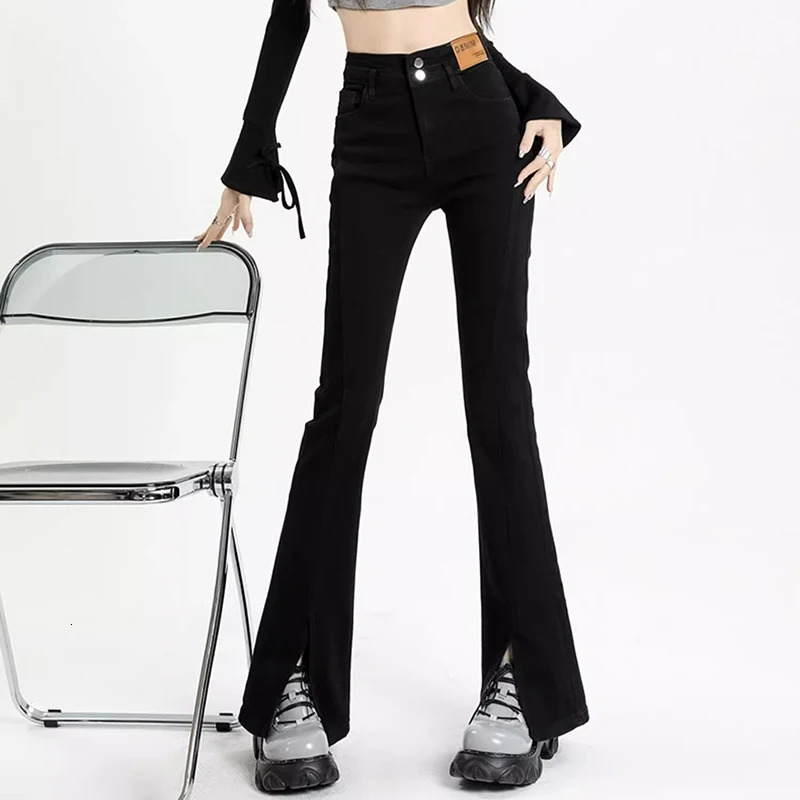 Woman High Waist Trashy Y2k Clothes Slit Bell Bottom Jeans Girls Fashion Baggy Flare Pants Lady Slim Fit Black Denim Trousers 240807