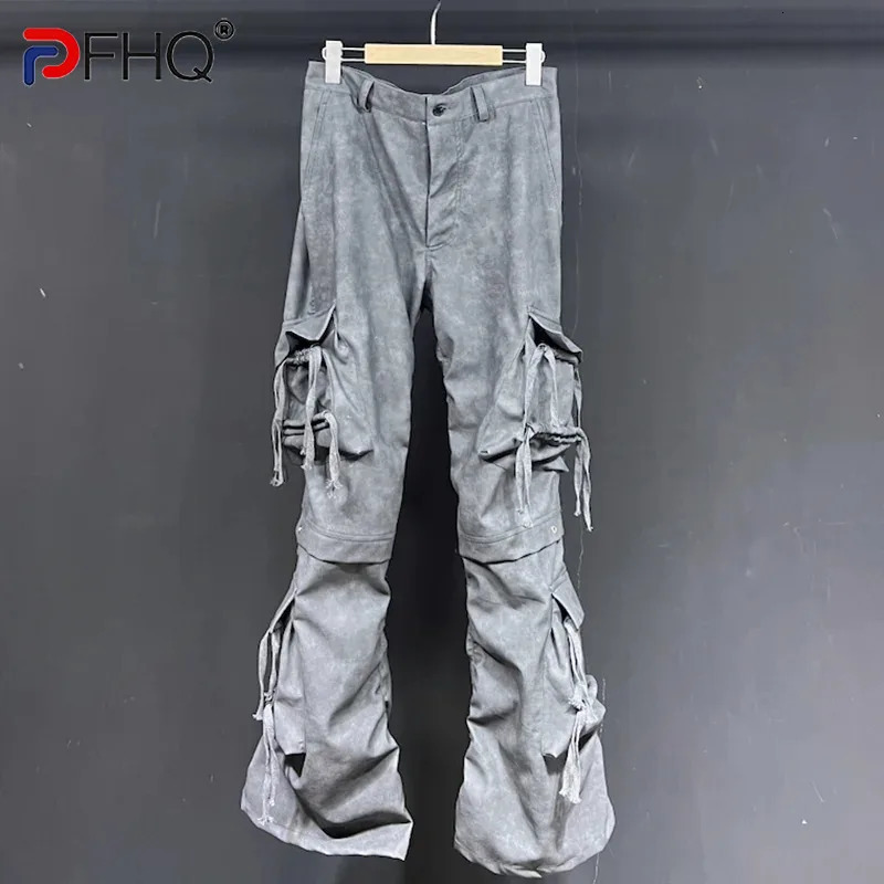 PFHQ Mens PU Washed Cargo Pants Streetwear Multi Pockets Avantgarde Pioneer Techwear Abstraction Autumn Trousers 21Z3141 240806