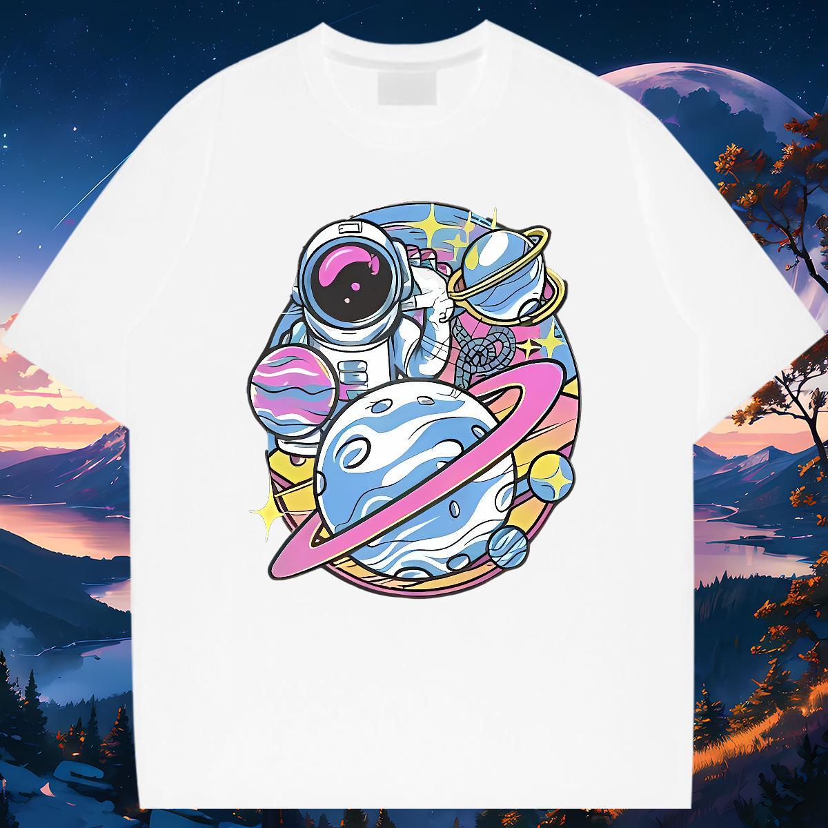 2024 New Men T Shirts spaceman Tee Shirt 230g 100% Cotton Hip Hop Brand White Plus Size O Neck Short Sleeves Men Tshirts