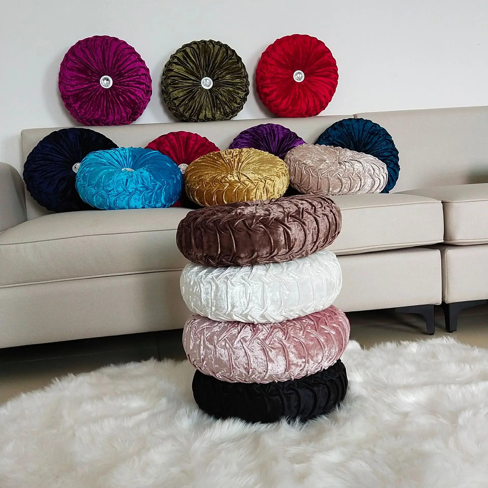 Plush Throw Pillow Nordic Pumpkin Throw Pillow with Diamond Solid Color Living Room Wheel Round Puddle Window Cushion Tatami 240806