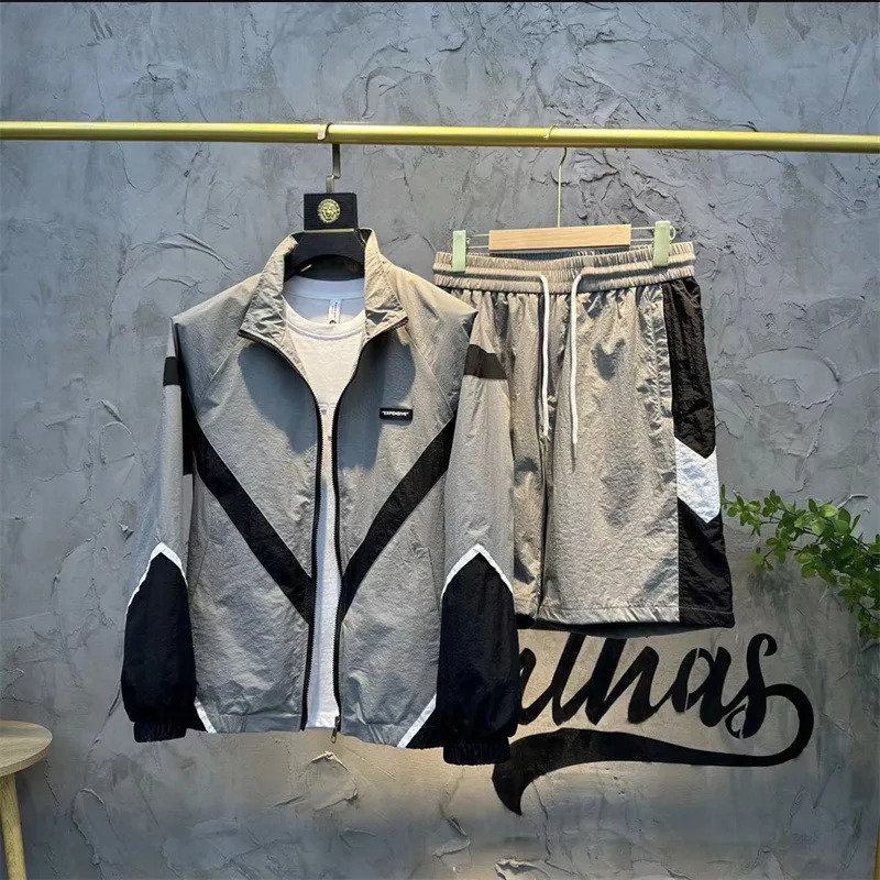 Summer Patchwork Stripe Sunscreen Sets Men Women Retro Varsity JacketSports Shorts Two Piece Set Streetwear Fashion Suits 240806
