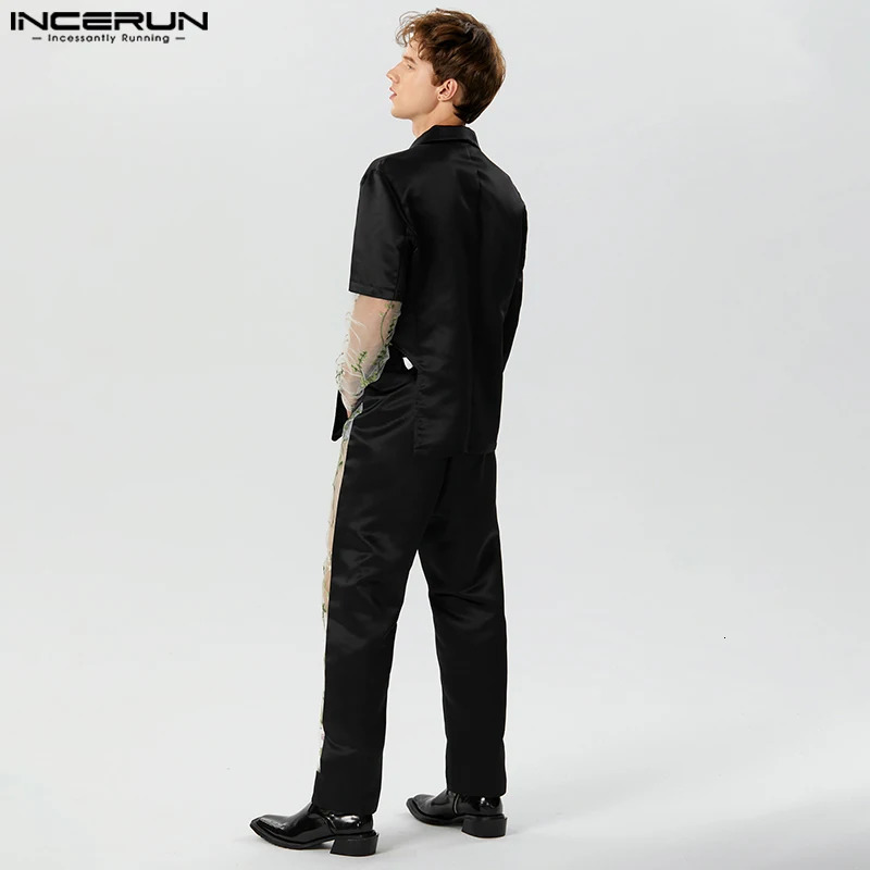 INCERUN Fashion Well Fitting Mens Sets Long Sleeved Suit Jackets Pants Patchwork Lace Flower Hollowed Two-piece Sets S-5XL 2024 240813
