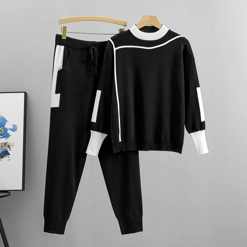 Autumn Winter 2 Pieces Set Knitted Long Sleeve Pullovers Sweater Casual Patchwork Fashion Women Tops And Pants Suits Spring 240807