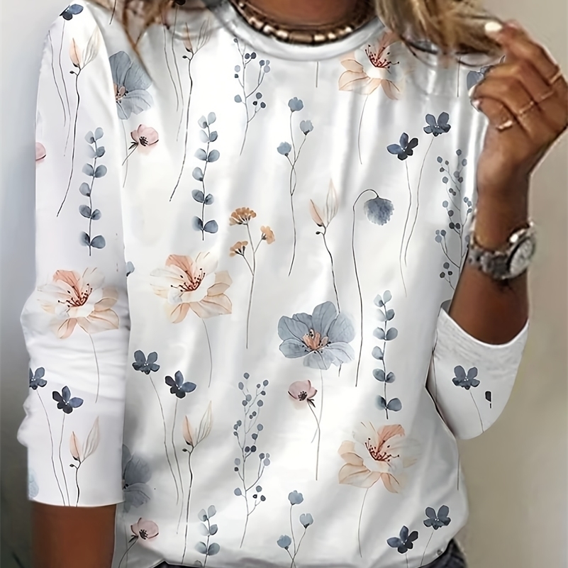 Floral Print Crew Neck T-Shirt Casual Long Sleeve Top For Spring Fall Womens Clothing 240806