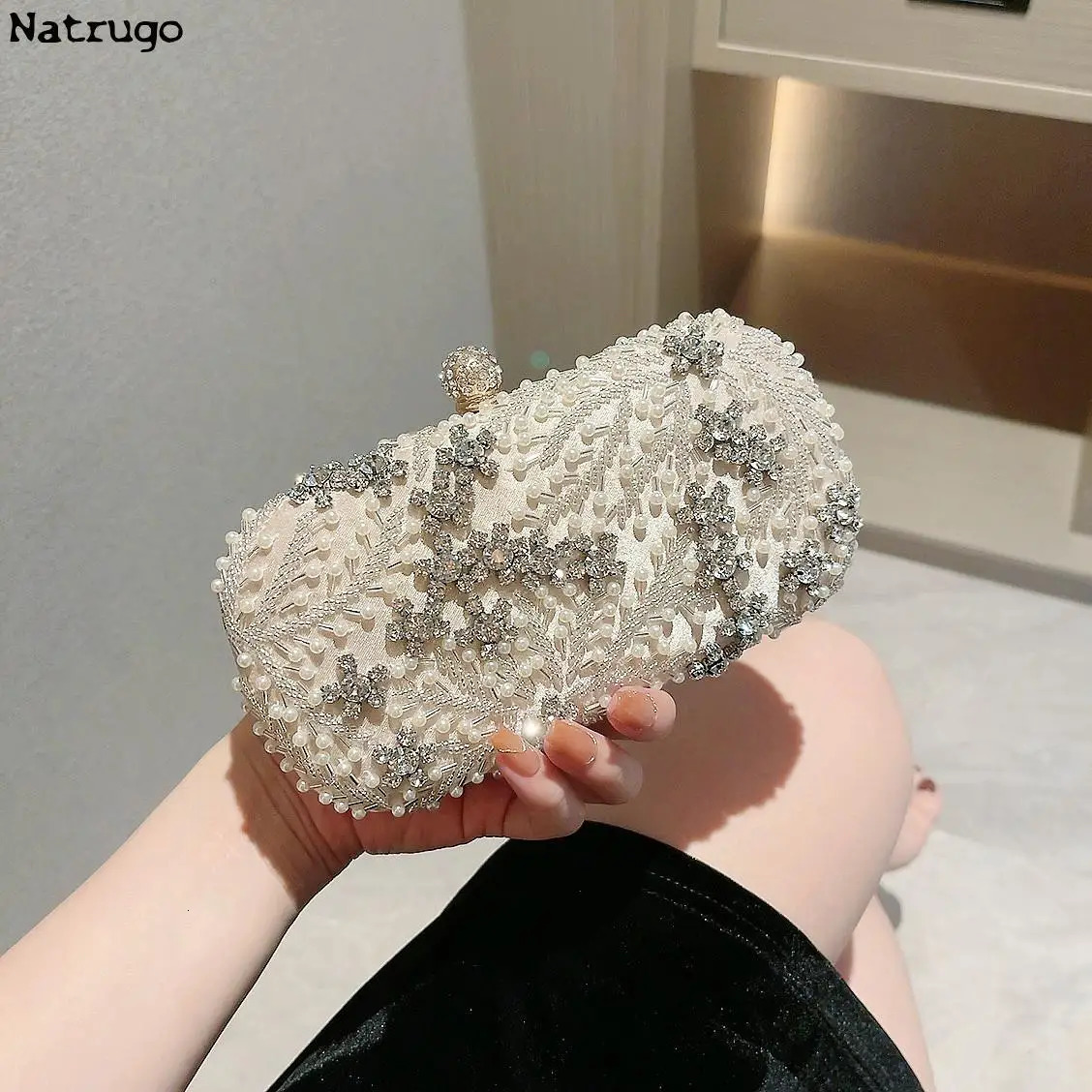 Sparkling Handmade Party Bag Flower Womens Crystal Pearl Clutch Evening Hollow Wedding Shoulder and Wallet 240806Z