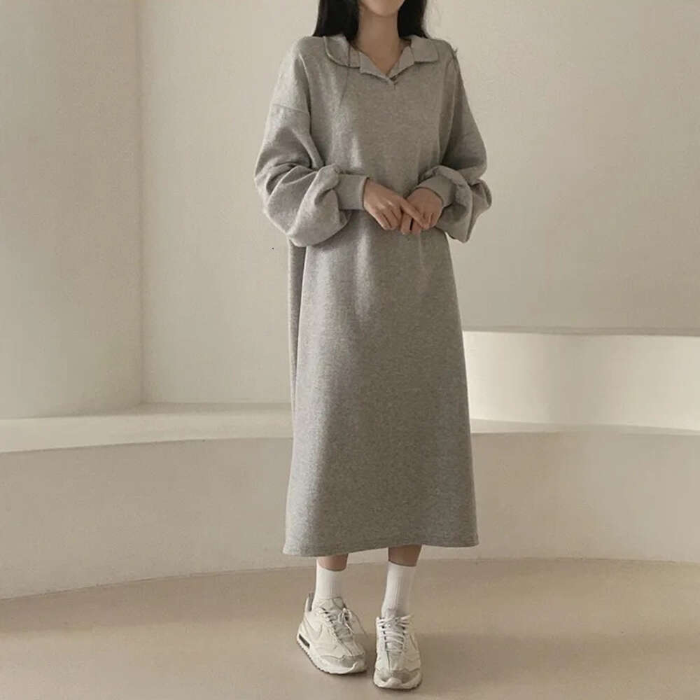 Korean version solid color autumn/winter POLO collar, spring/autumn internet famous new plush, loose lazy style, long and chubby mm dress