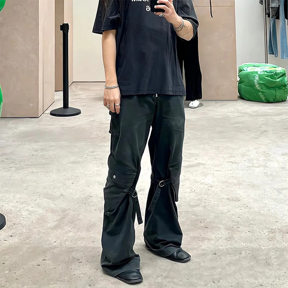 Locomotive Style Tie Washed Baggy Cargo Pants Men and Women Streetwear Y2k Pantalones Hombre Black Overalls Oversized Trousers 240806