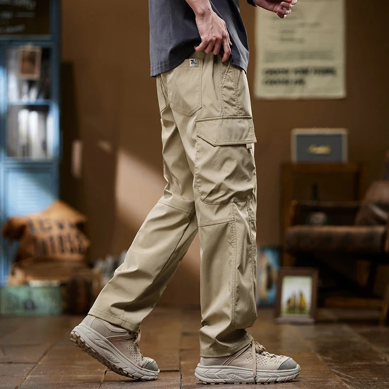 Summer Thin Mens Cargo Pants Baggy Straight Multipocket Design Drawstring Elastic Waist Outdoor Jogging Hiking Trousers Male 240806